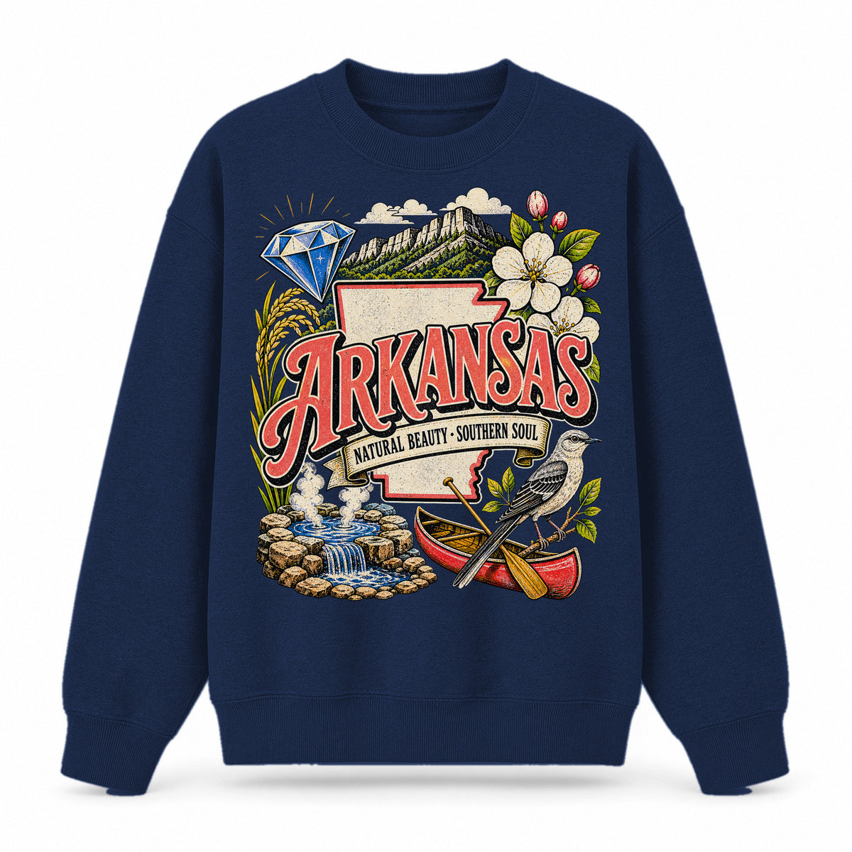Colorful Arkansas State Collage Crewneck Sweatshirt in Navy, front view on a white background