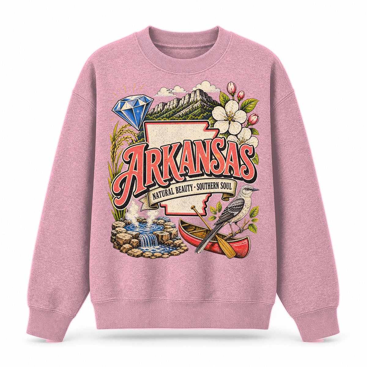 Colorful Arkansas State Collage Crewneck Sweatshirt in Pink, front view on a white background