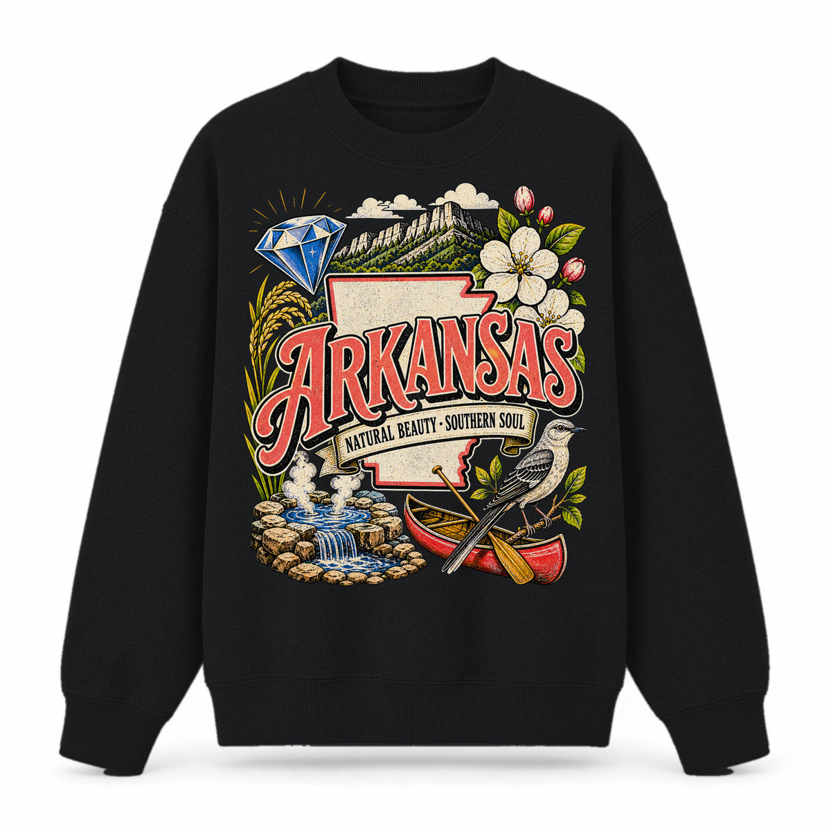 Colorful Arkansas State Collage Crewneck Sweatshirt in Black, front view on a white background