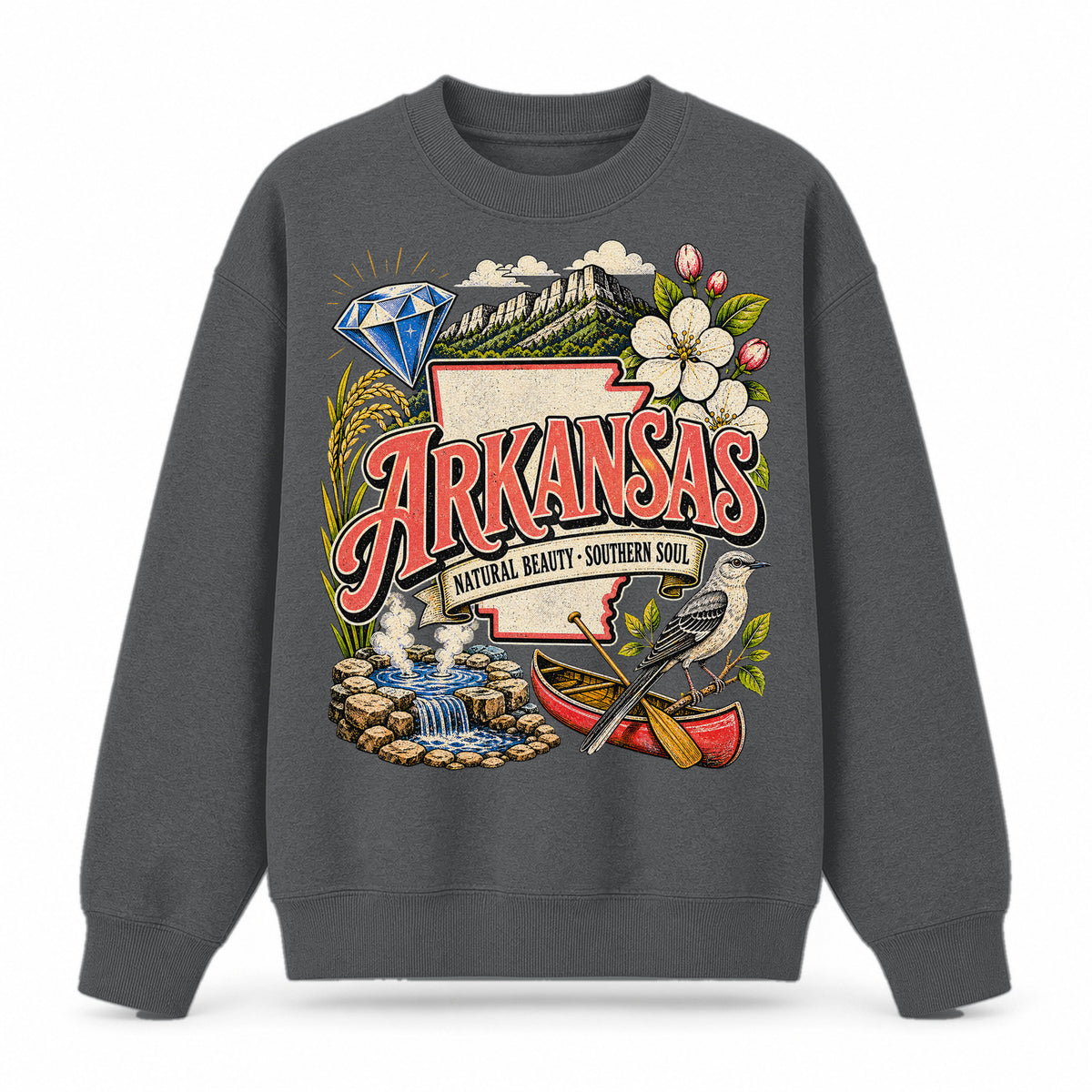 Colorful Arkansas State Collage Crewneck Sweatshirt in Dark Gray, front view on a white background