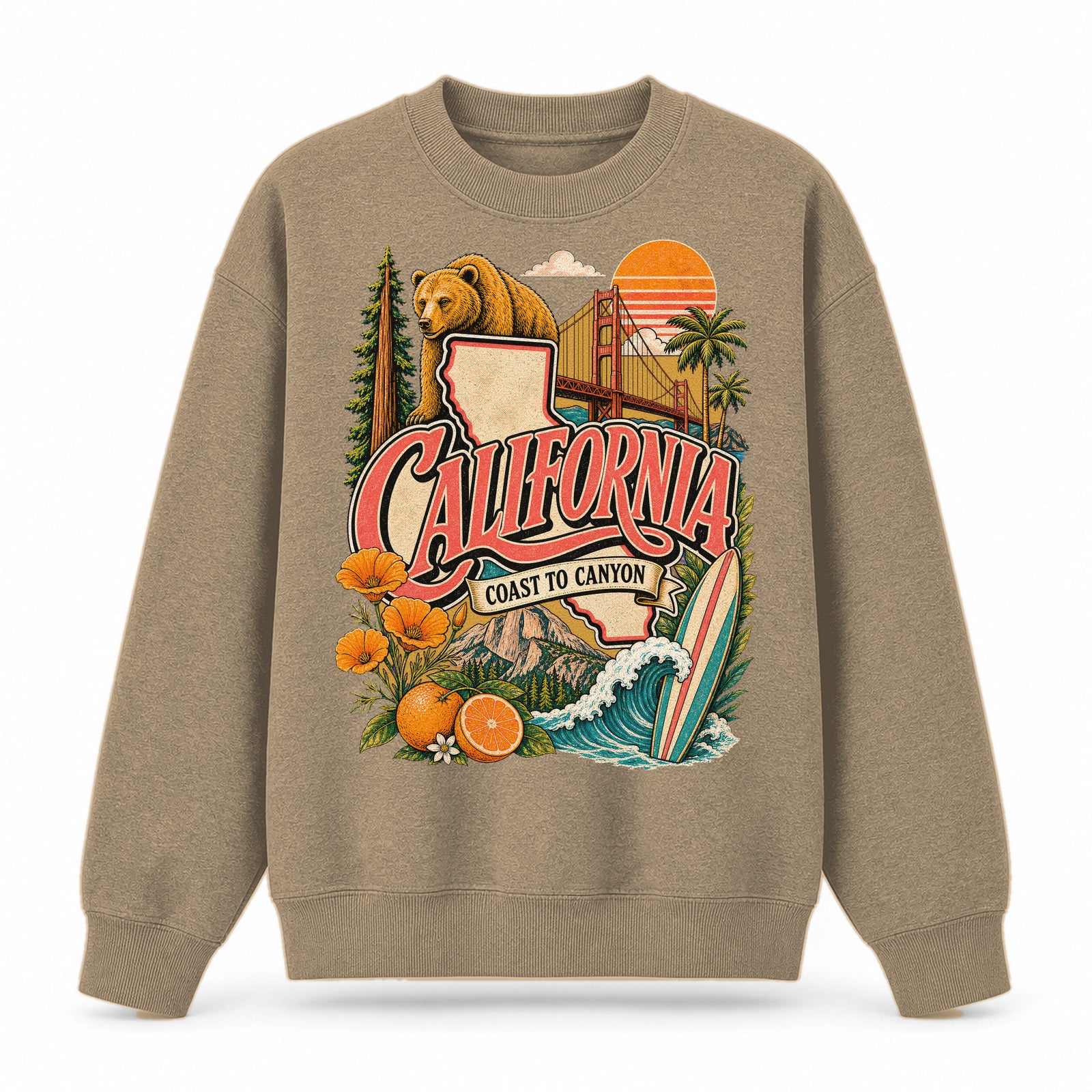 Colorful California State Collage Crewneck Sweatshirt in Khaki, front view on a white background