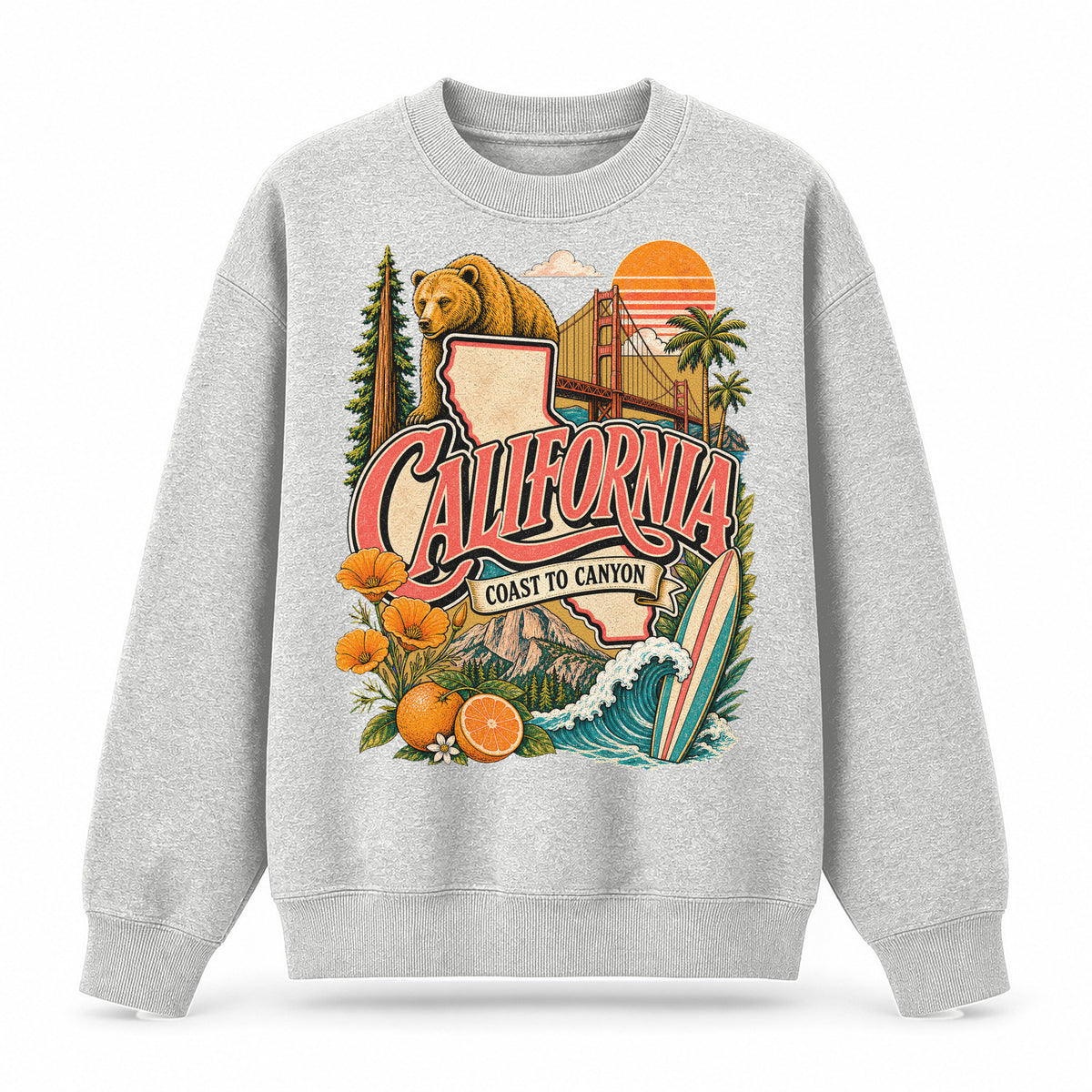 Colorful California State Collage Crewneck Sweatshirt in Light Gray, front view on a white background