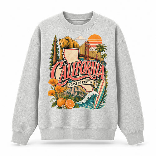 Colorful California State Collage Crewneck Sweatshirt in Light Gray, front view on a white background