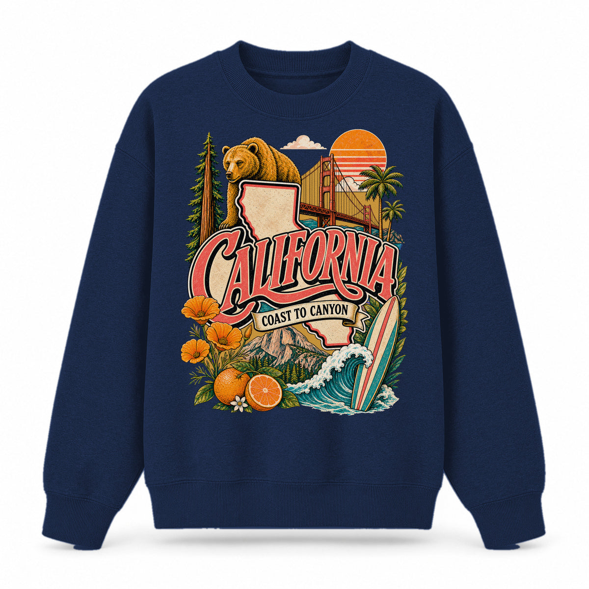 Colorful California State Collage Crewneck Sweatshirt in Navy, front view on a white background