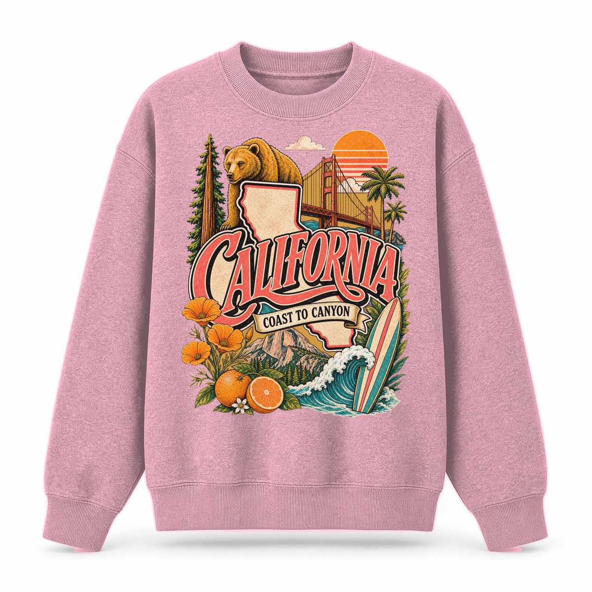 Colorful California State Collage Crewneck Sweatshirt in Pink, front view on a white background