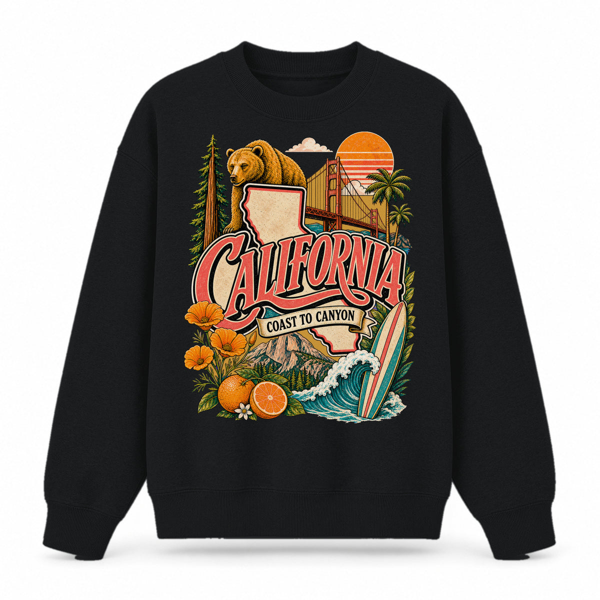 Colorful California State Collage Crewneck Sweatshirt in Black, front view on a white background