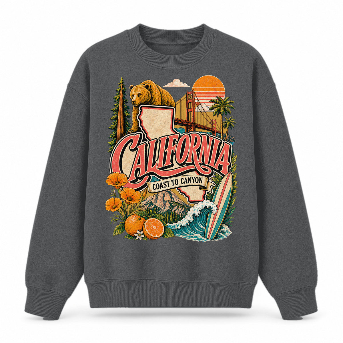 Colorful California State Collage Crewneck Sweatshirt in Dark Gray, front view on a white background