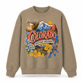 Colorful Colorado State Collage Crewneck Sweatshirt in Khaki, front view on a white background