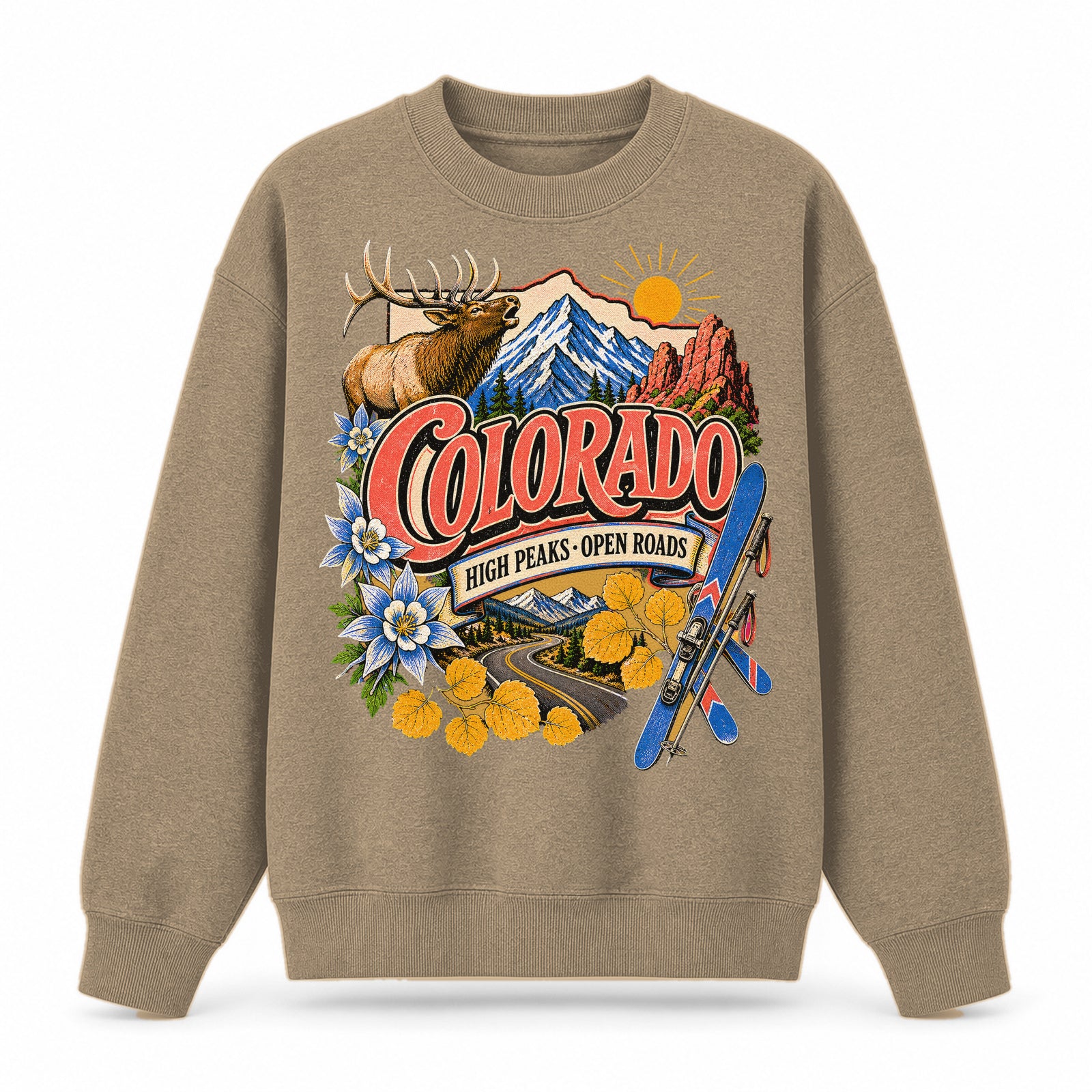 Colorful Colorado State Collage Crewneck Sweatshirt in Khaki, front view on a white background