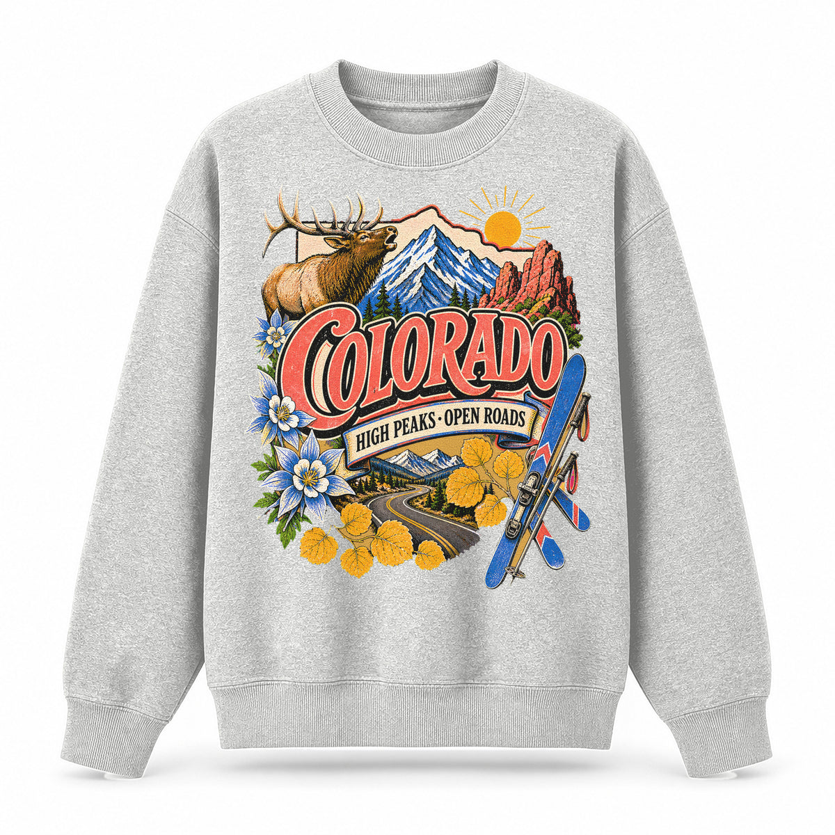 Colorful Colorado State Collage Crewneck Sweatshirt in Light Gray, front view on a white background
