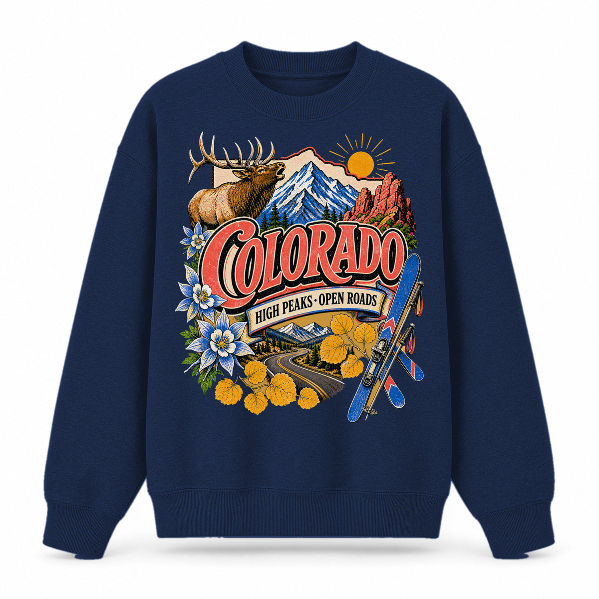Colorful Colorado State Collage Crewneck Sweatshirt in Navy, front view on a white background