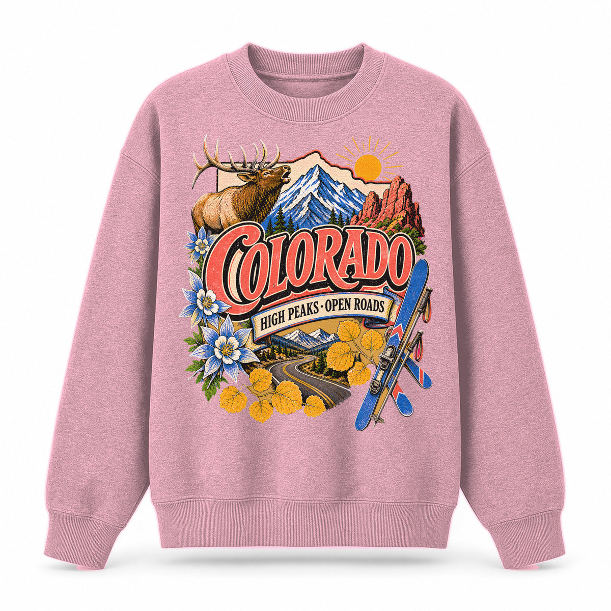 Colorful Colorado State Collage Crewneck Sweatshirt in Pink, front view on a white background