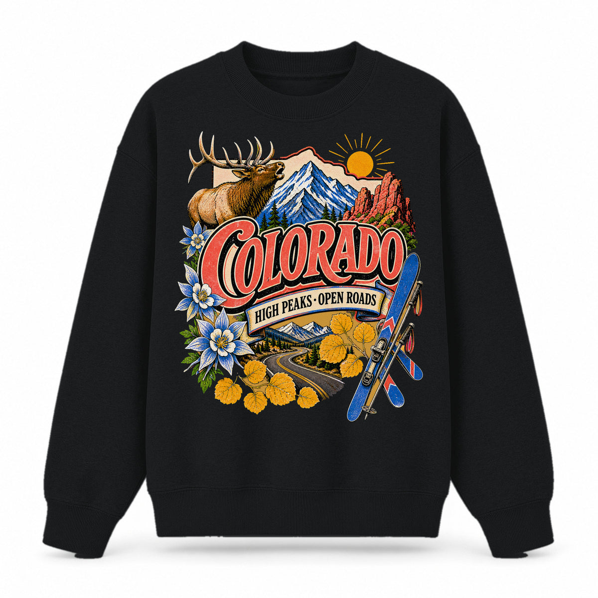 Colorful Colorado State Collage Crewneck Sweatshirt in Black, front view on a white background