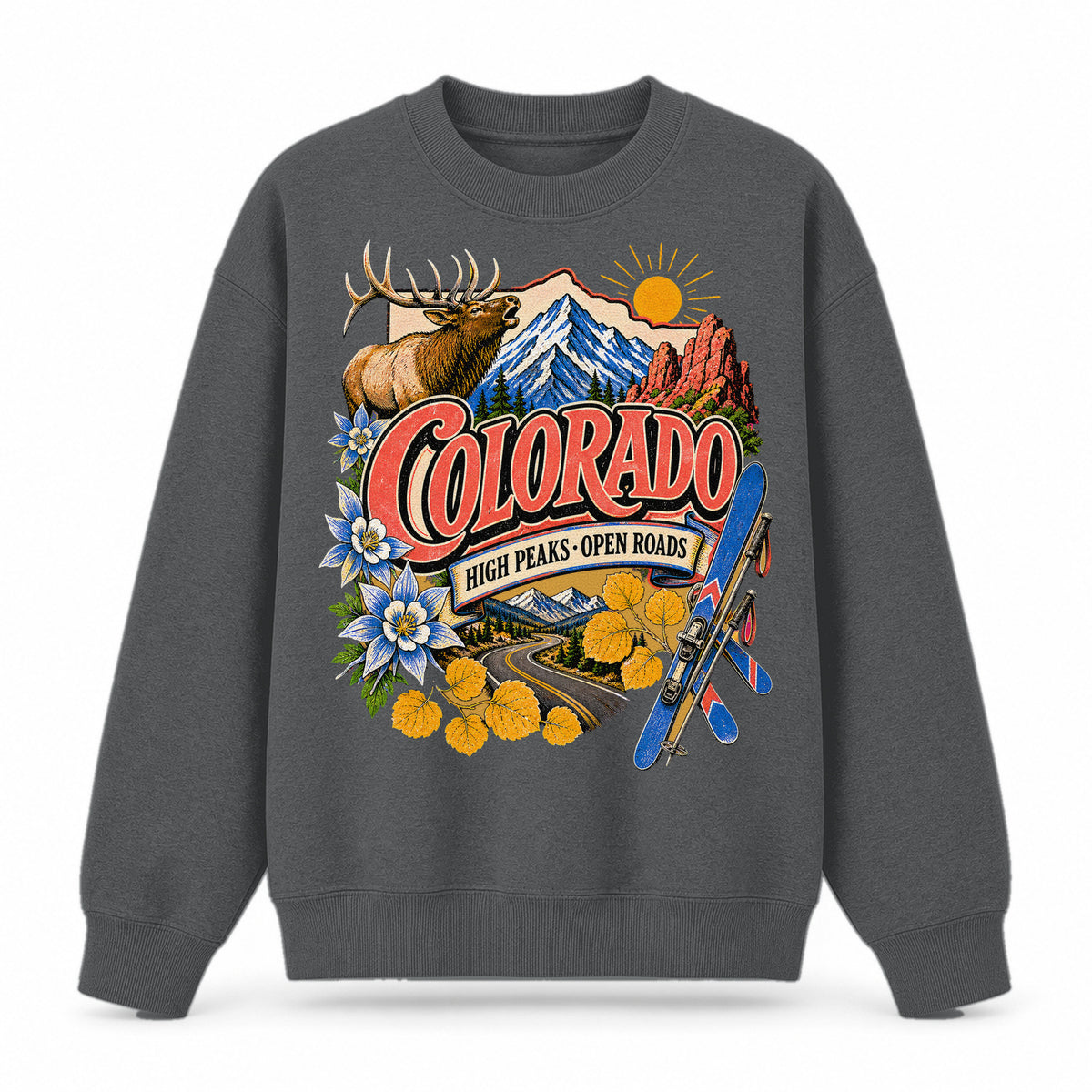 Colorful Colorado State Collage Crewneck Sweatshirt in Dark Gray, front view on a white background