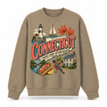 Colorful Connecticut State Collage Crewneck Sweatshirt in Khaki, front view on a white background
