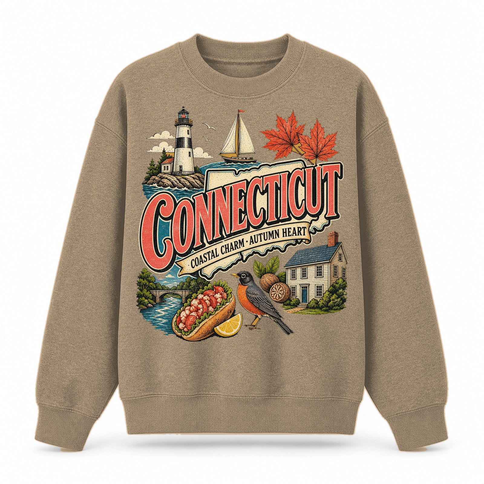 Colorful Connecticut State Collage Crewneck Sweatshirt in Khaki, front view on a white background