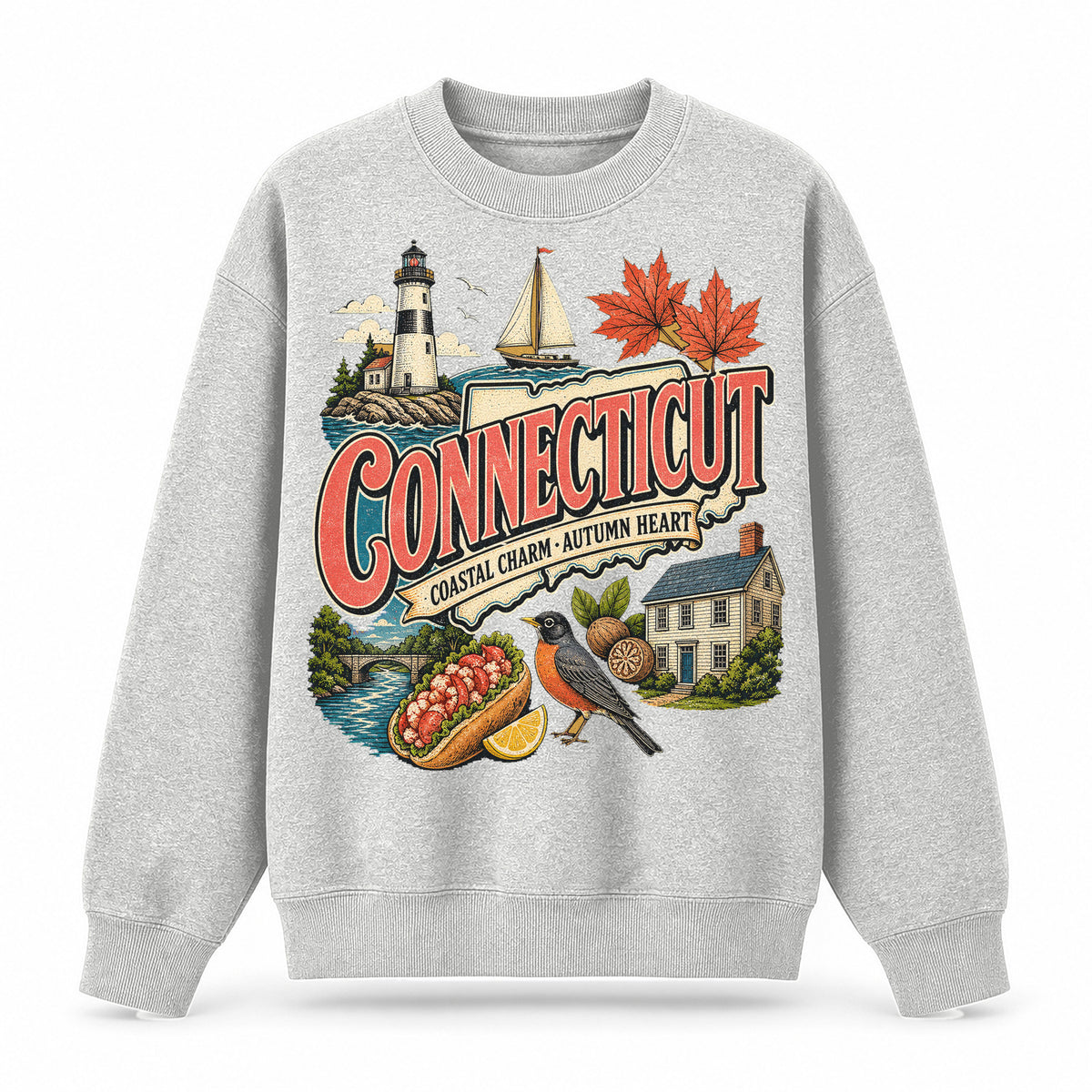 Colorful Connecticut State Collage Crewneck Sweatshirt in Light Gray, front view on a white background