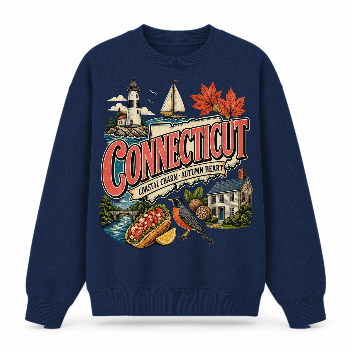 Colorful Connecticut State Collage Crewneck Sweatshirt in Navy, front view on a white background