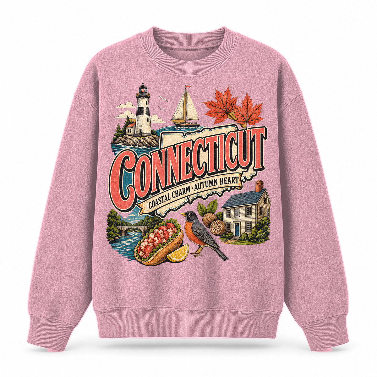 Colorful Connecticut State Collage Crewneck Sweatshirt in Pink, front view on a white background