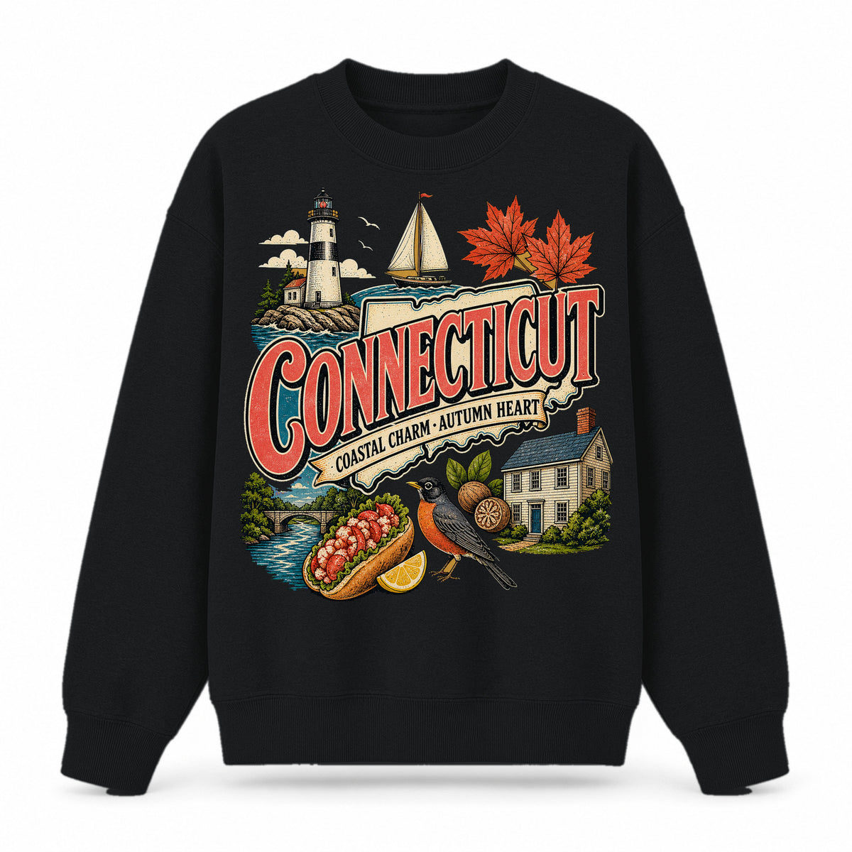 Colorful Connecticut State Collage Crewneck Sweatshirt in Black, front view on a white background