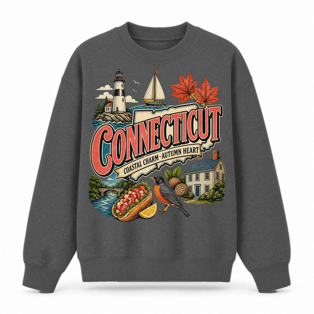 Colorful Connecticut State Collage Crewneck Sweatshirt in Dark Gray, front view on a white background