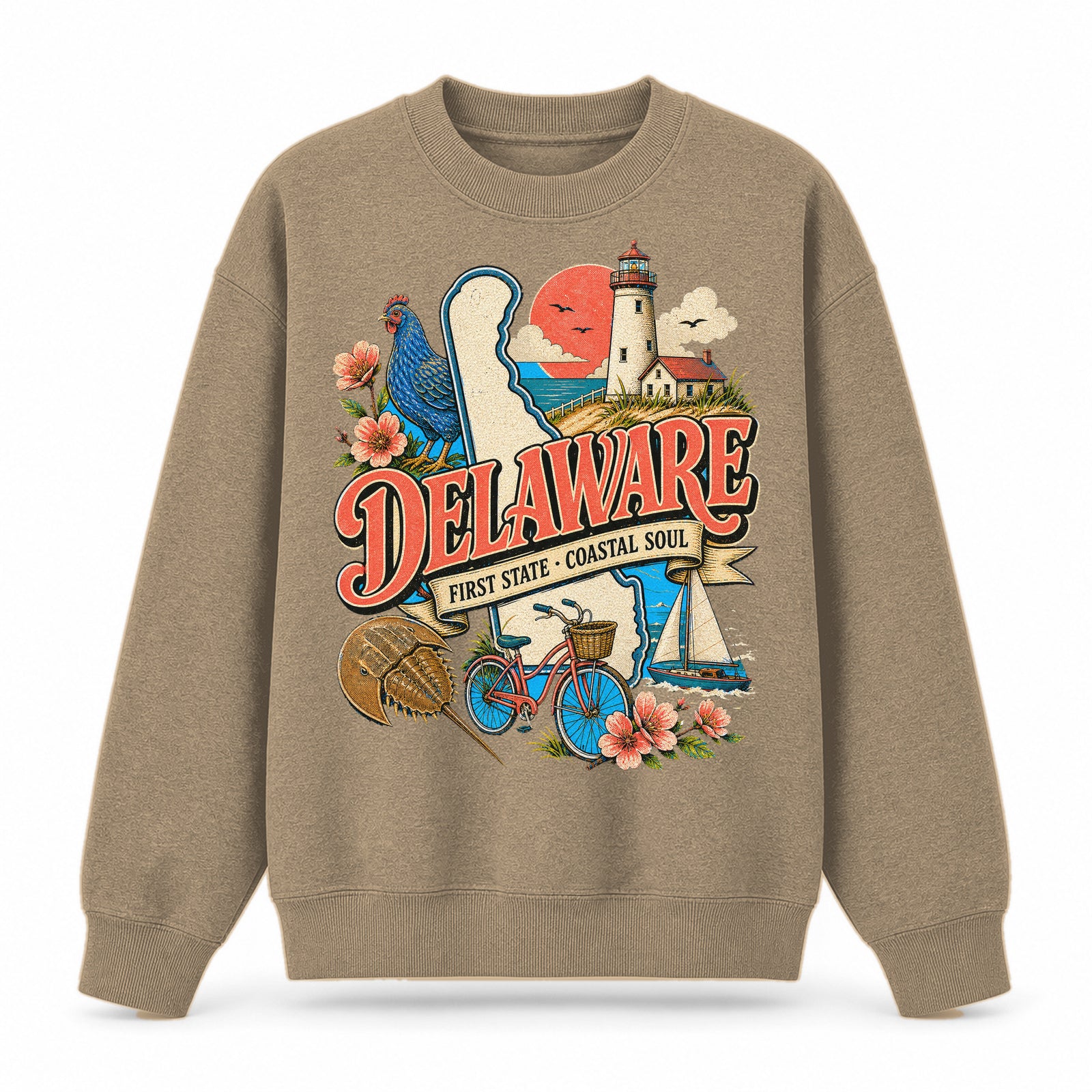 Colorful Delaware State Collage Crewneck Sweatshirt in Khaki, front view on a white background
