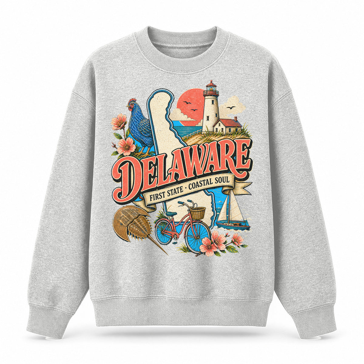 Colorful Delaware State Collage Crewneck Sweatshirt in Light Gray, front view on a white background