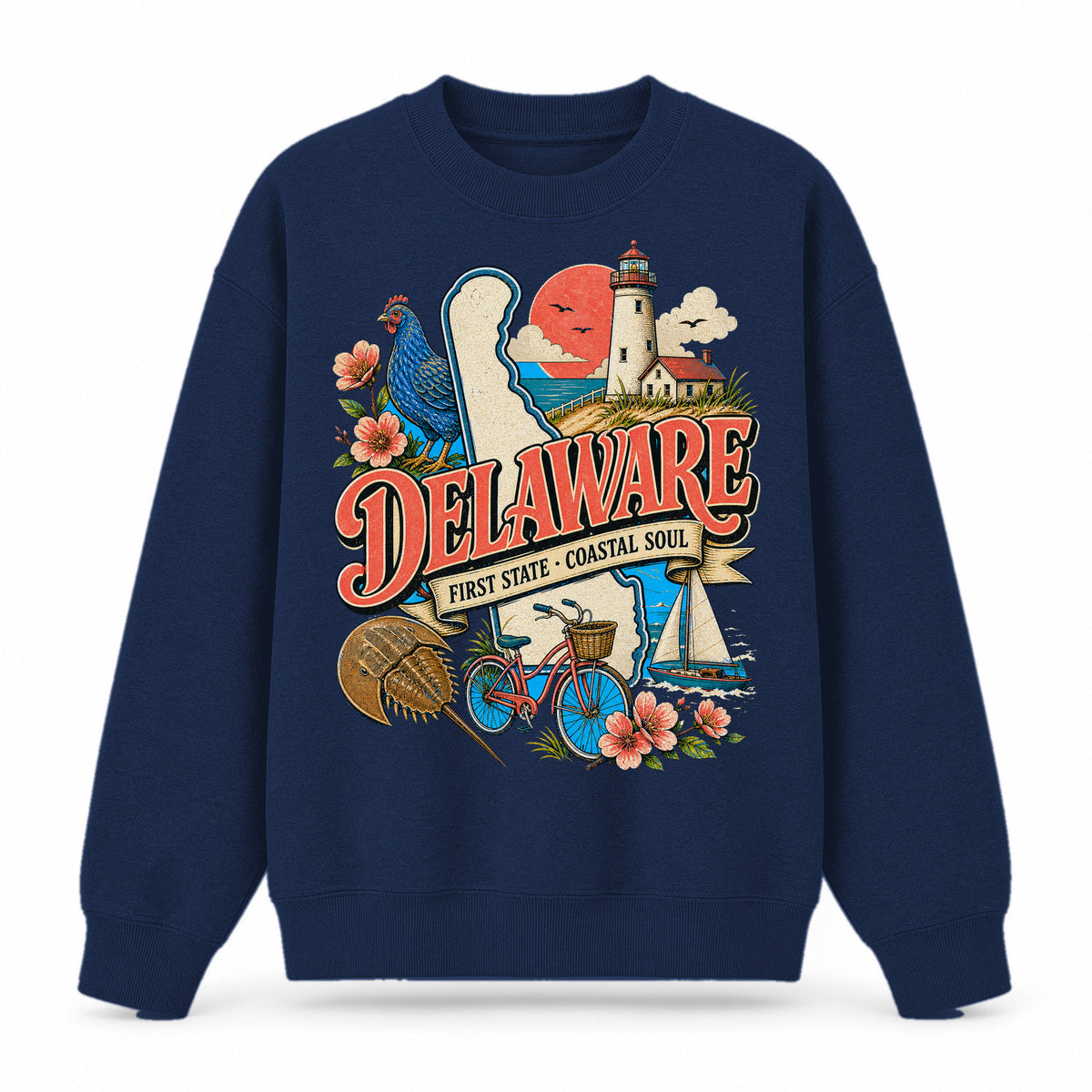 Colorful Delaware State Collage Crewneck Sweatshirt in Navy, front view on a white background