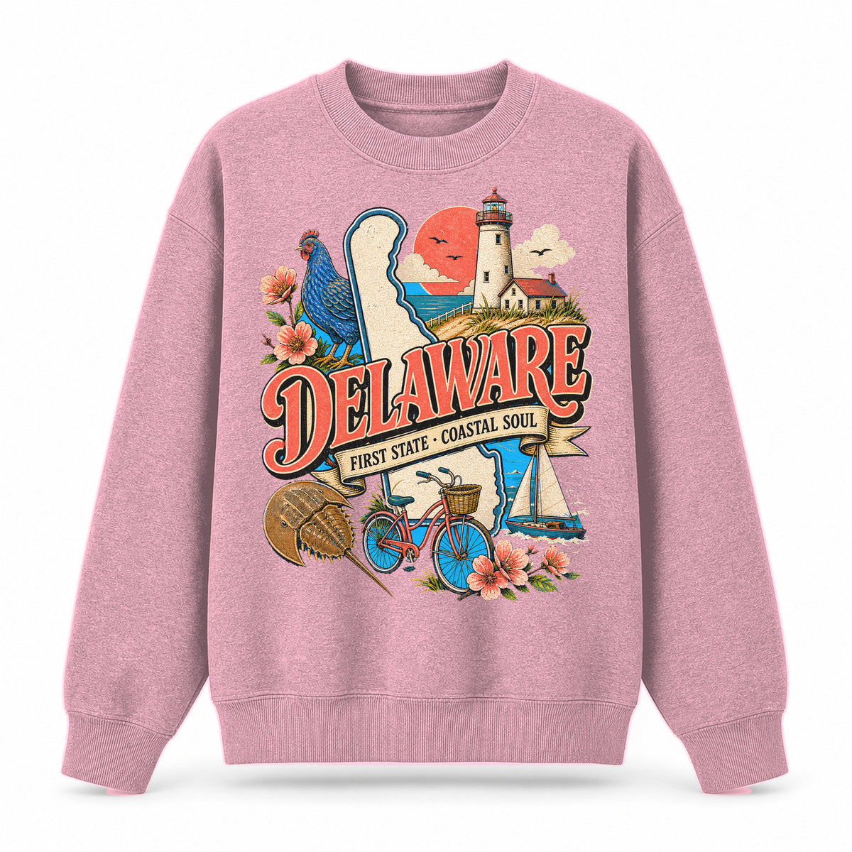 Colorful Delaware State Collage Crewneck Sweatshirt in Pink, front view on a white background
