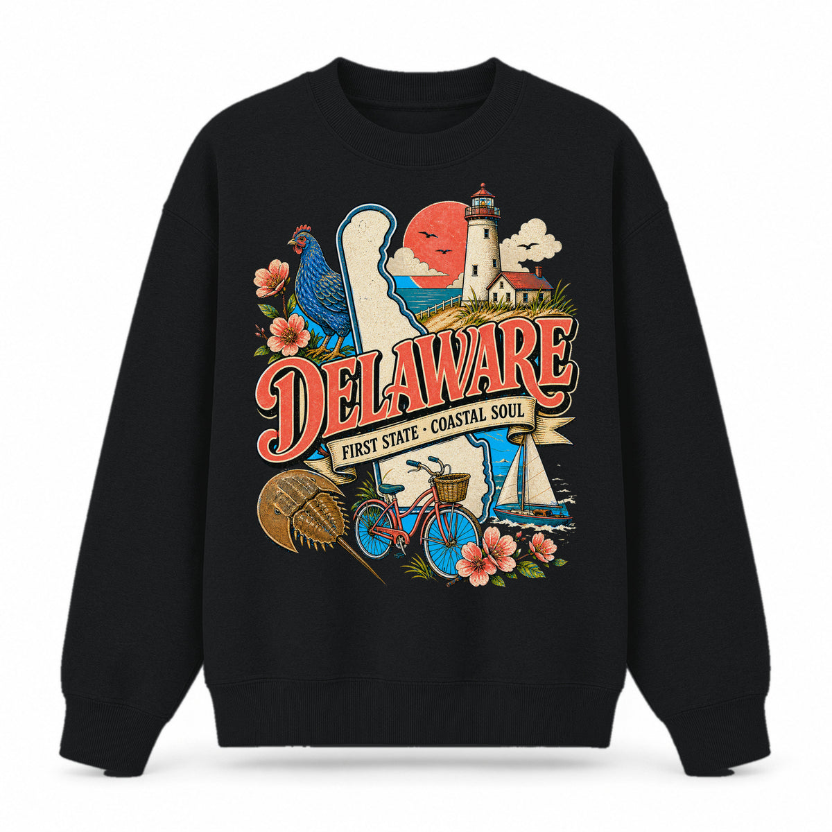 Colorful Delaware State Collage Crewneck Sweatshirt in Black, front view on a white background