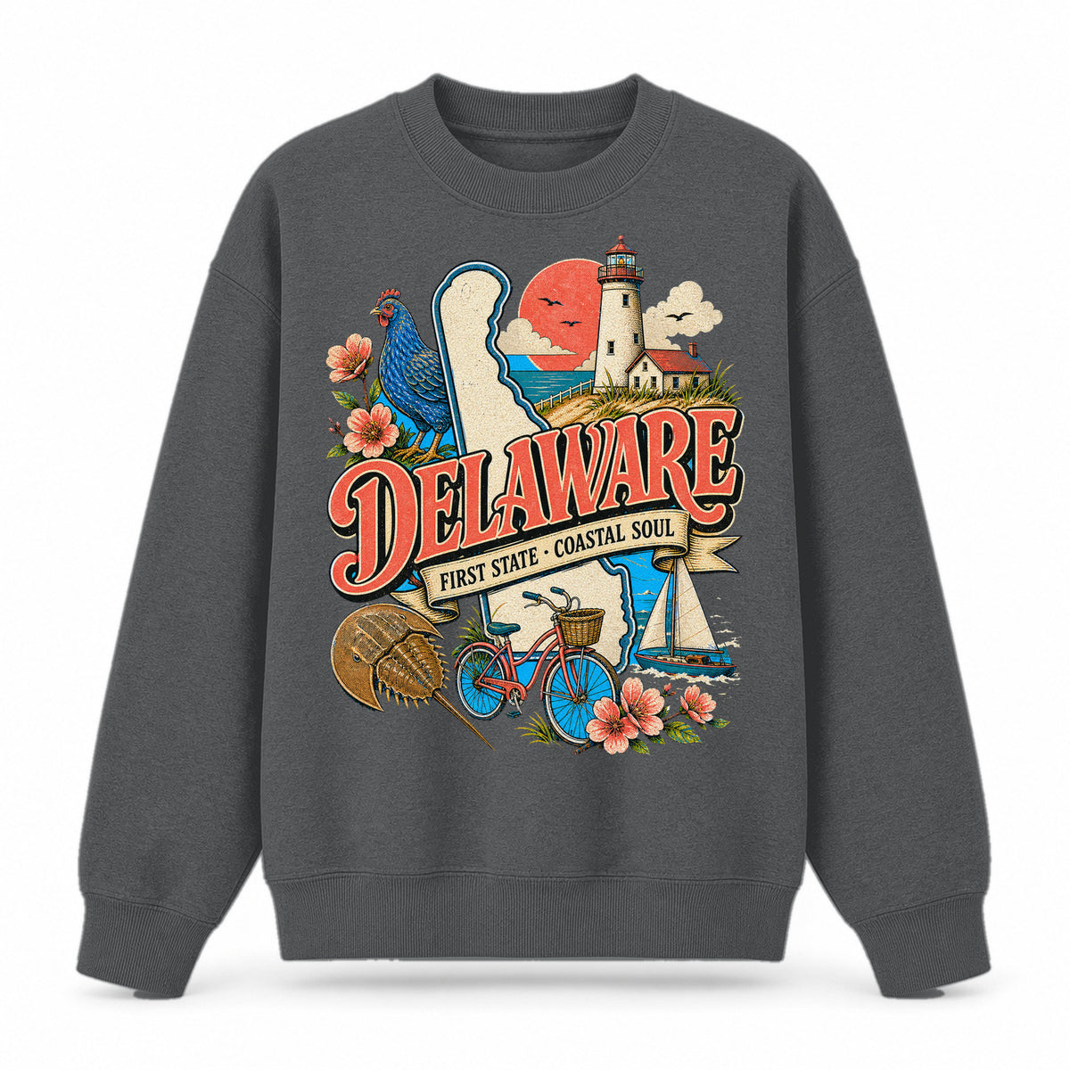 Colorful Delaware State Collage Crewneck Sweatshirt in Dark Gray, front view on a white background