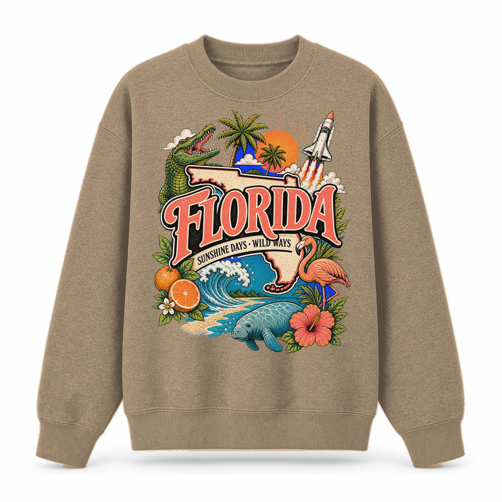 Colorful Florida State Collage Crewneck Sweatshirt in Khaki, front view on a white background
