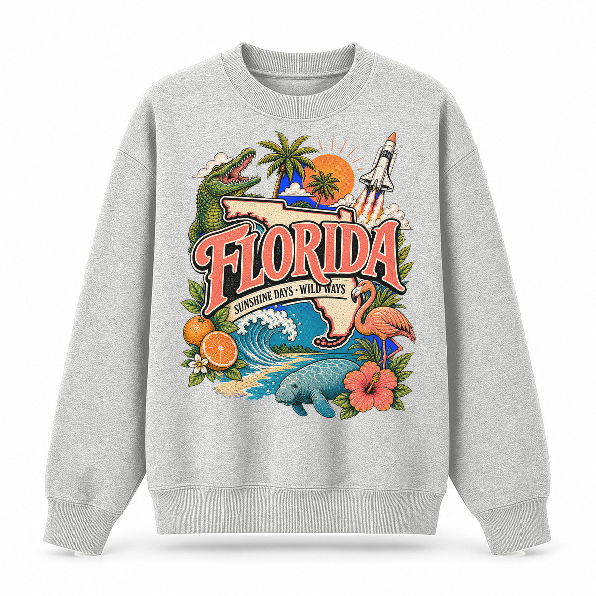 Colorful Florida State Collage Crewneck Sweatshirt in Light Gray, front view on a white background
