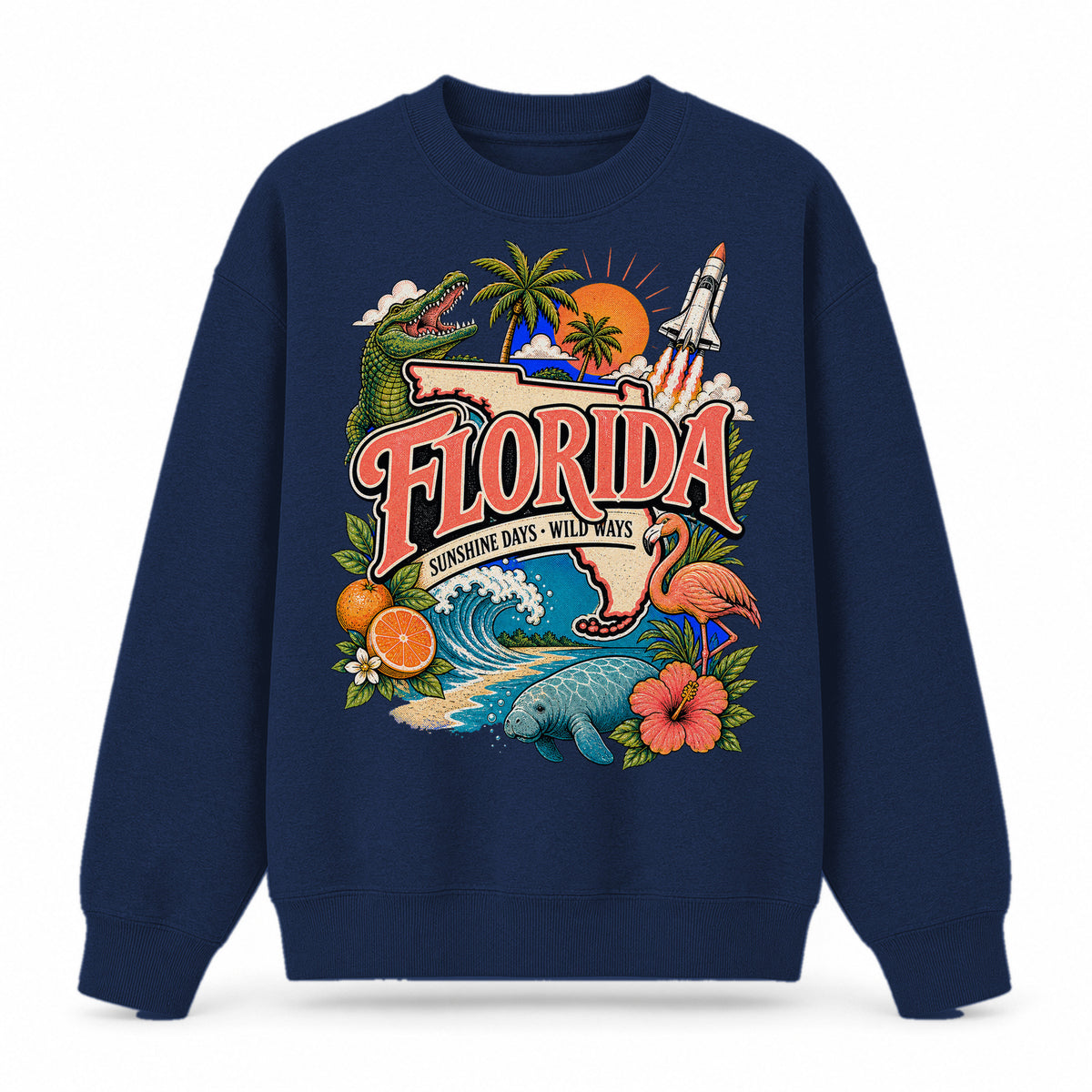 Colorful Florida State Collage Crewneck Sweatshirt in Navy, front view on a white background
