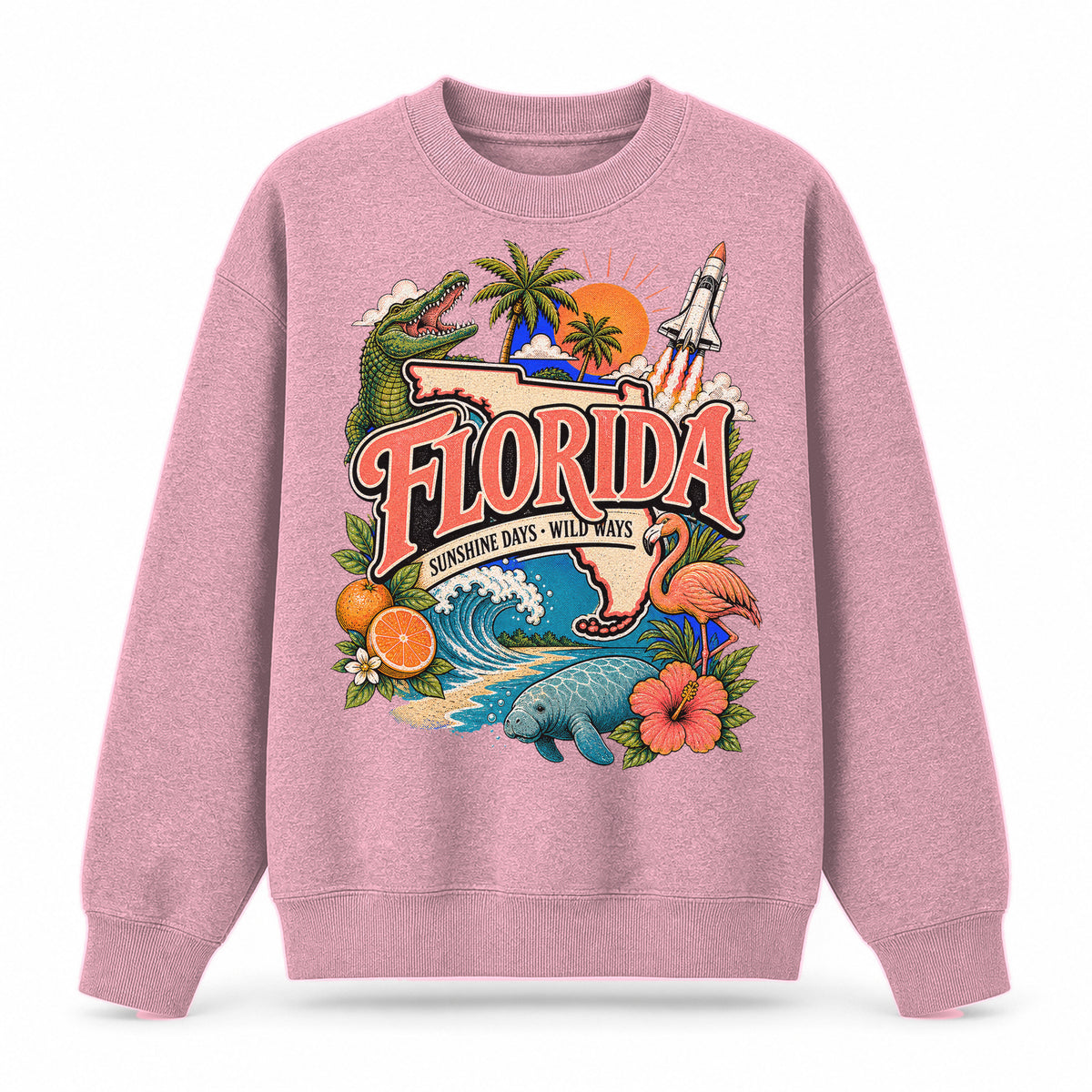 Colorful Florida State Collage Crewneck Sweatshirt in Pink, front view on a white background