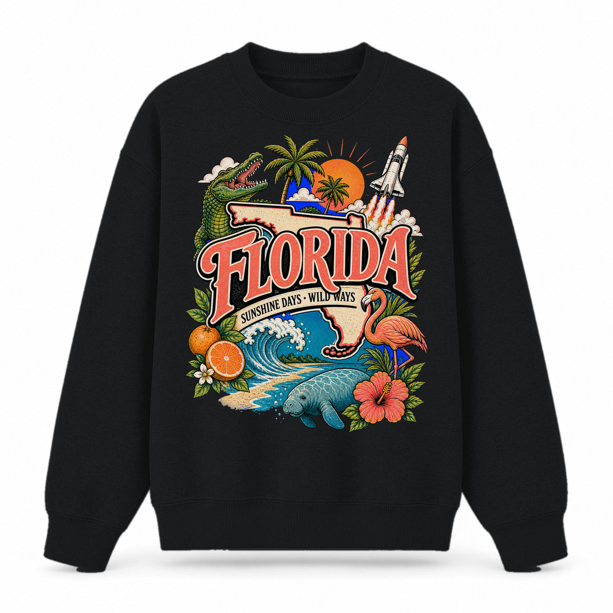 Colorful Florida State Collage Crewneck Sweatshirt in Black, front view on a white background