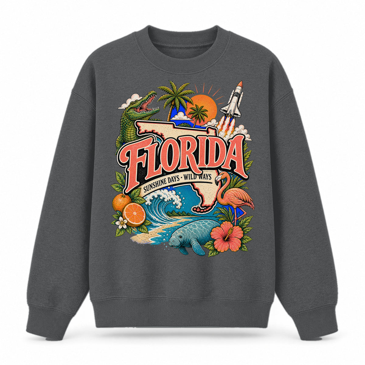 Colorful Florida State Collage Crewneck Sweatshirt in Dark Gray, front view on a white background