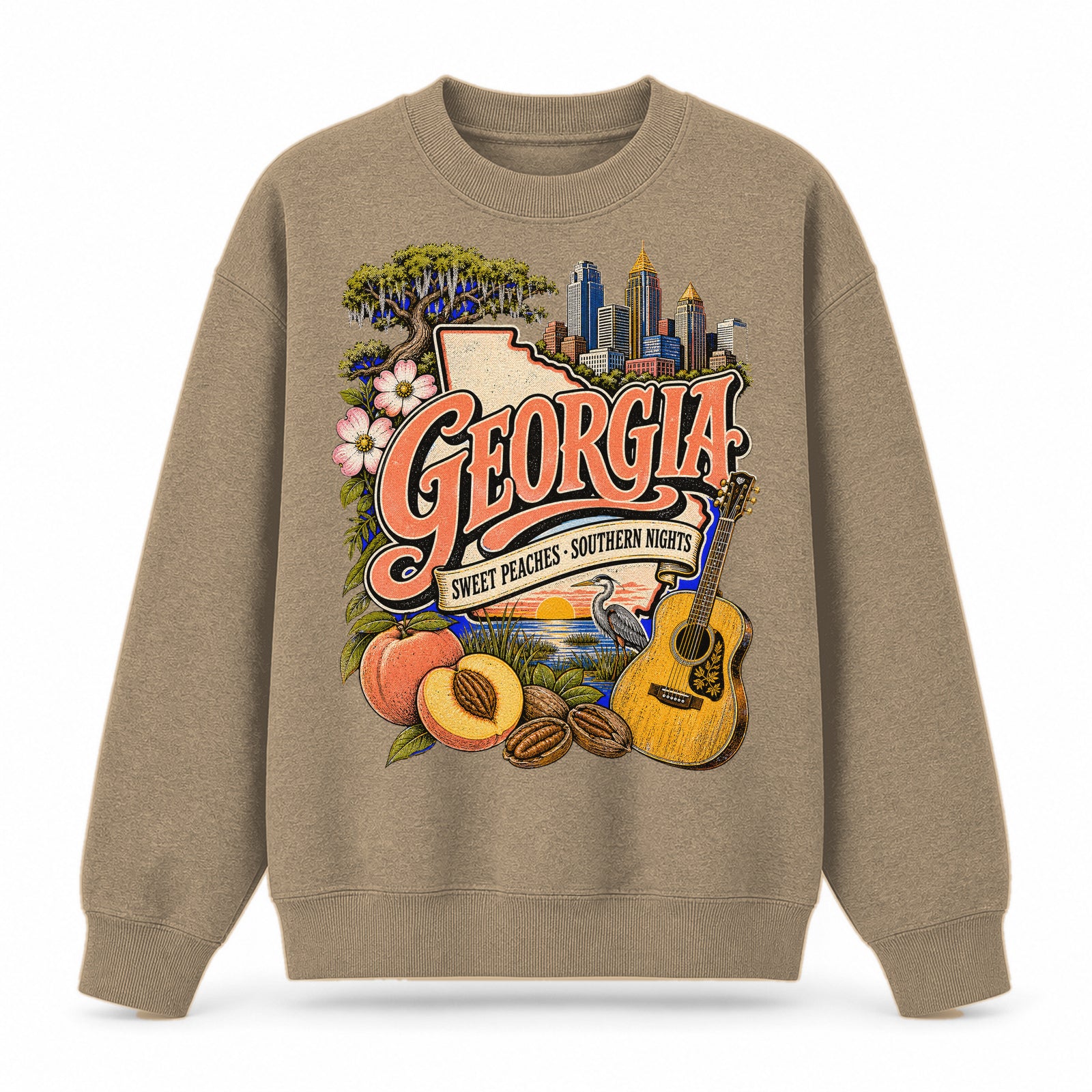 Colorful Georgia State Collage Crewneck Sweatshirt in Khaki, front view on a white background