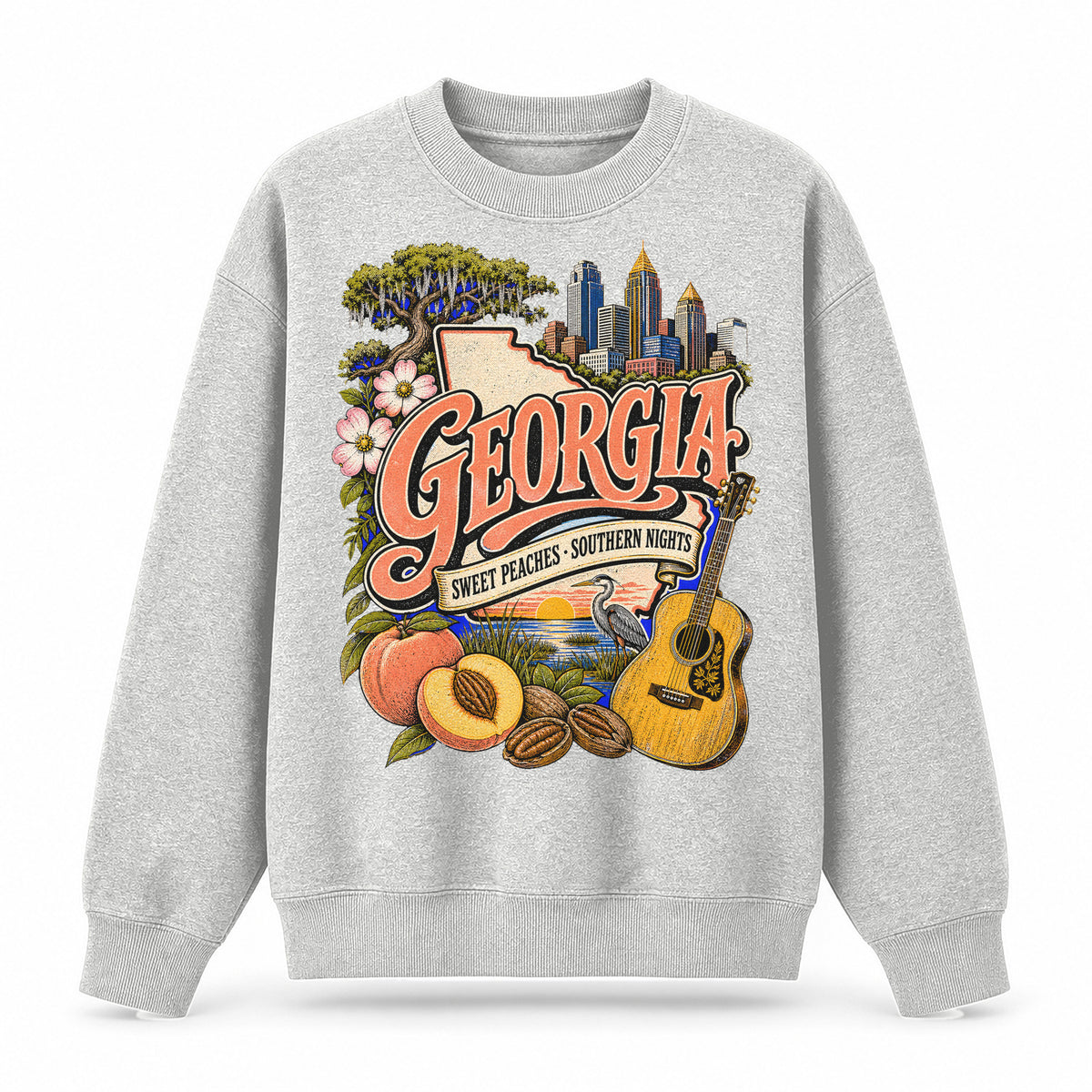 Colorful Georgia State Collage Crewneck Sweatshirt in Light Gray, front view on a white background