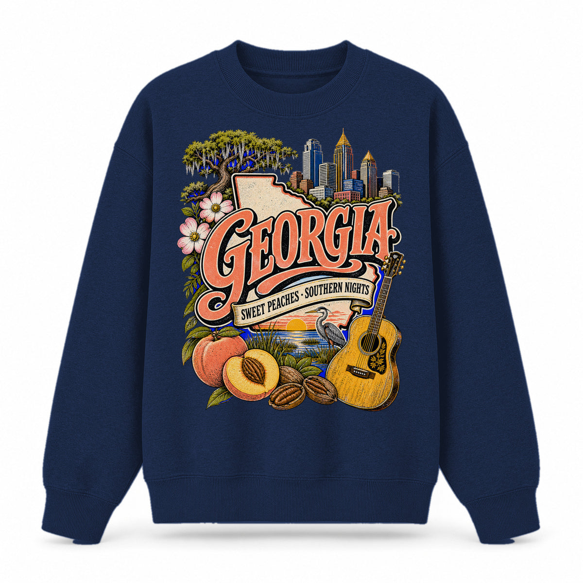 Colorful Georgia State Collage Crewneck Sweatshirt in Navy, front view on a white background