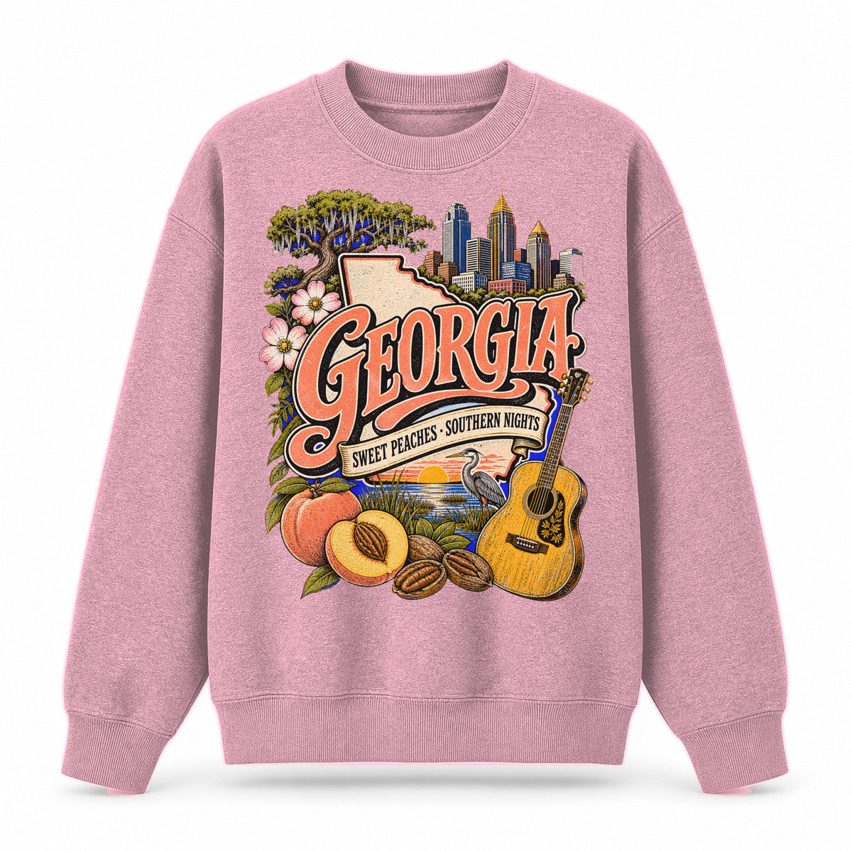 Colorful Georgia State Collage Crewneck Sweatshirt in Pink, front view on a white background