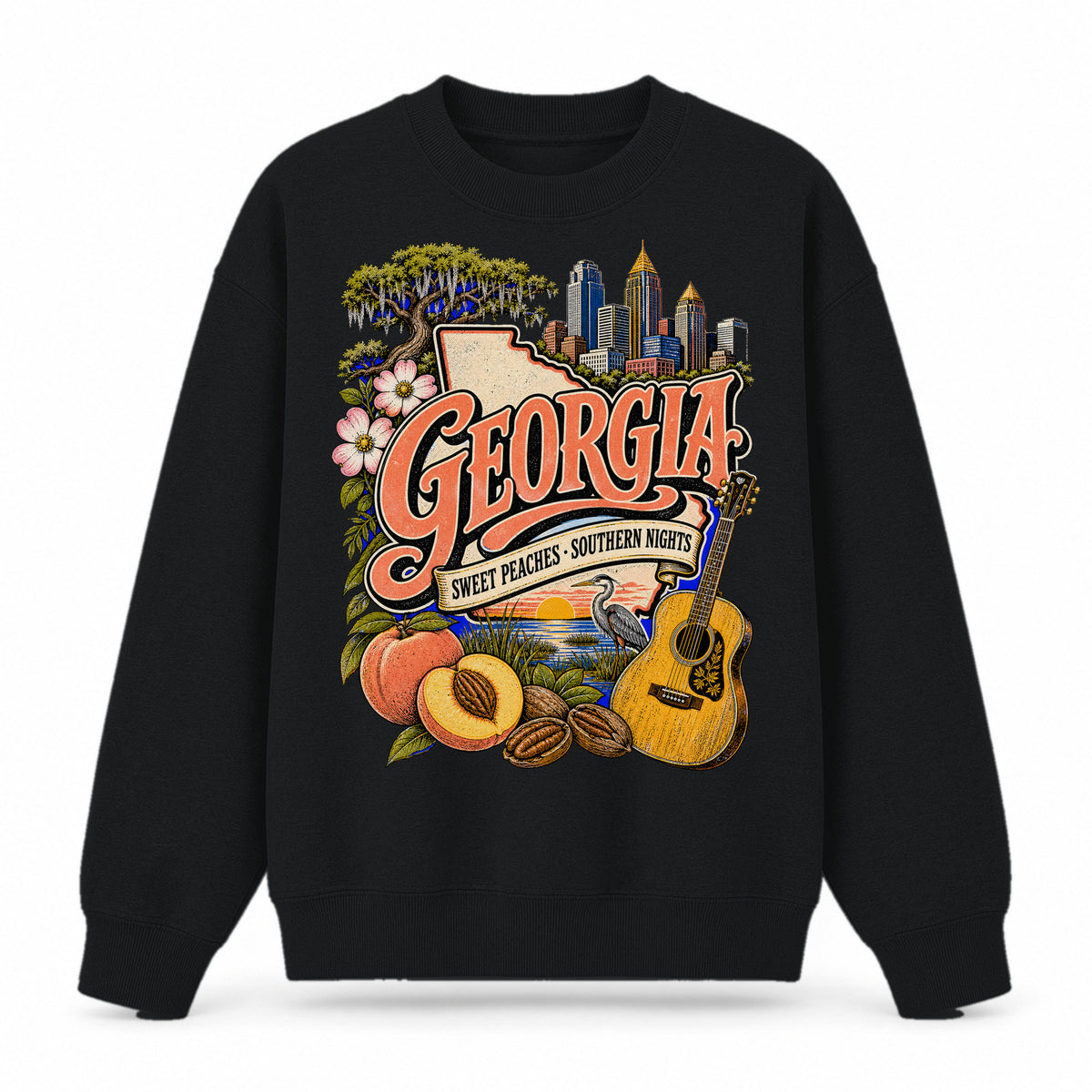 Colorful Georgia State Collage Crewneck Sweatshirt in Black, front view on a white background