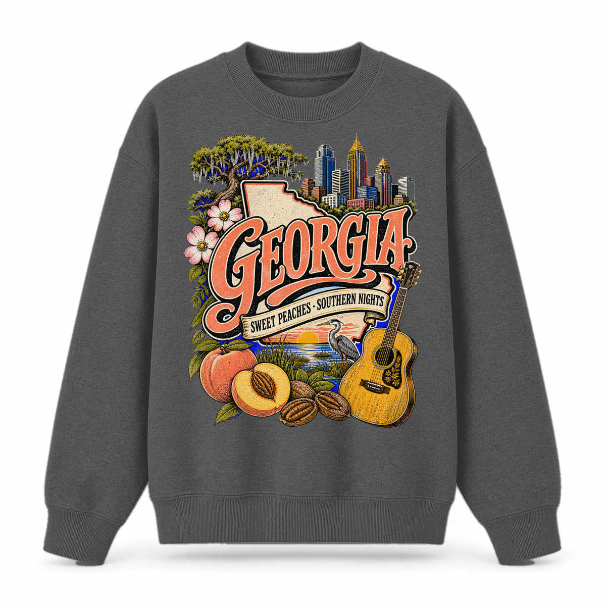 Colorful Georgia State Collage Crewneck Sweatshirt in Dark Gray, front view on a white background