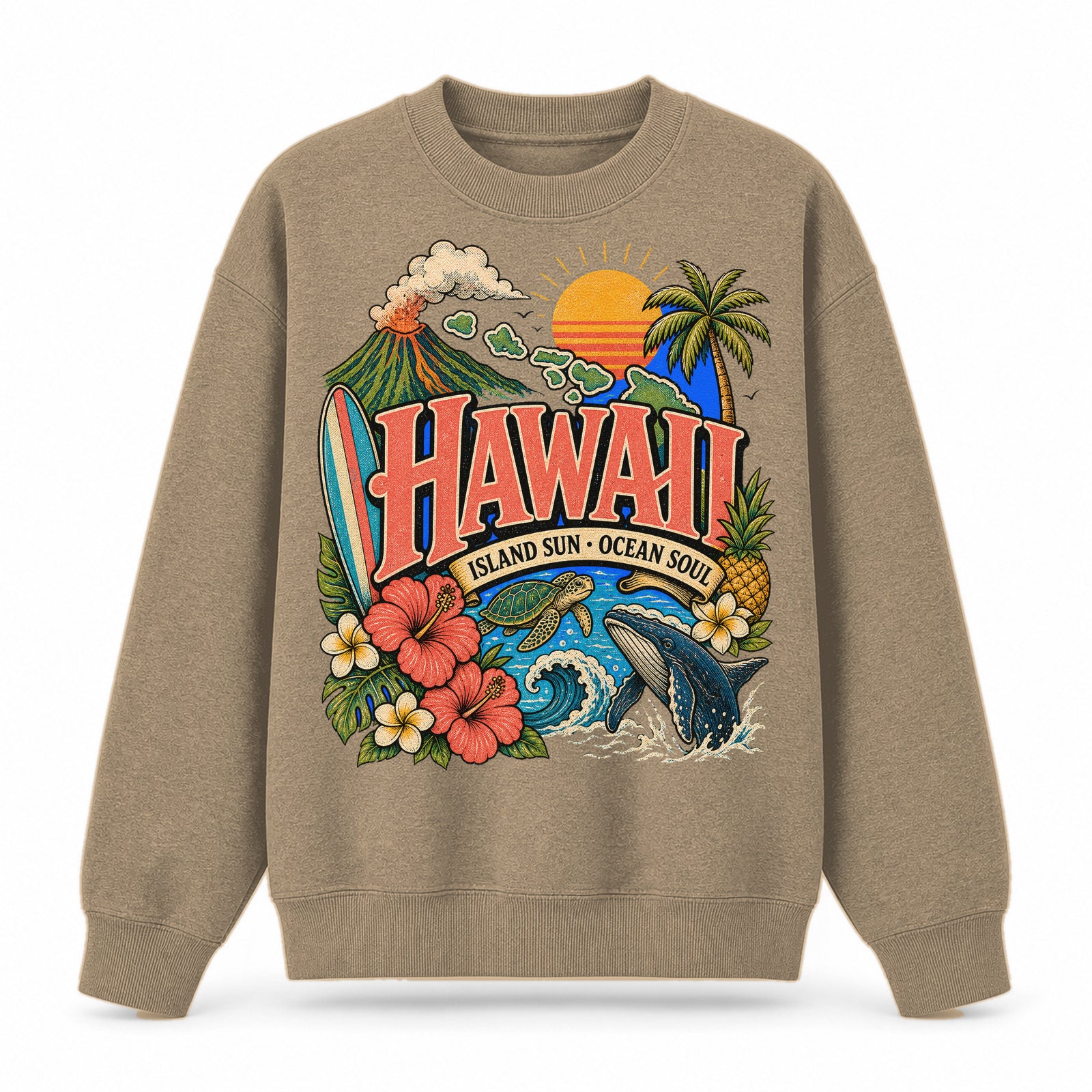 Colorful Hawaii State Collage Crewneck Sweatshirt in Khaki, front view on a white background