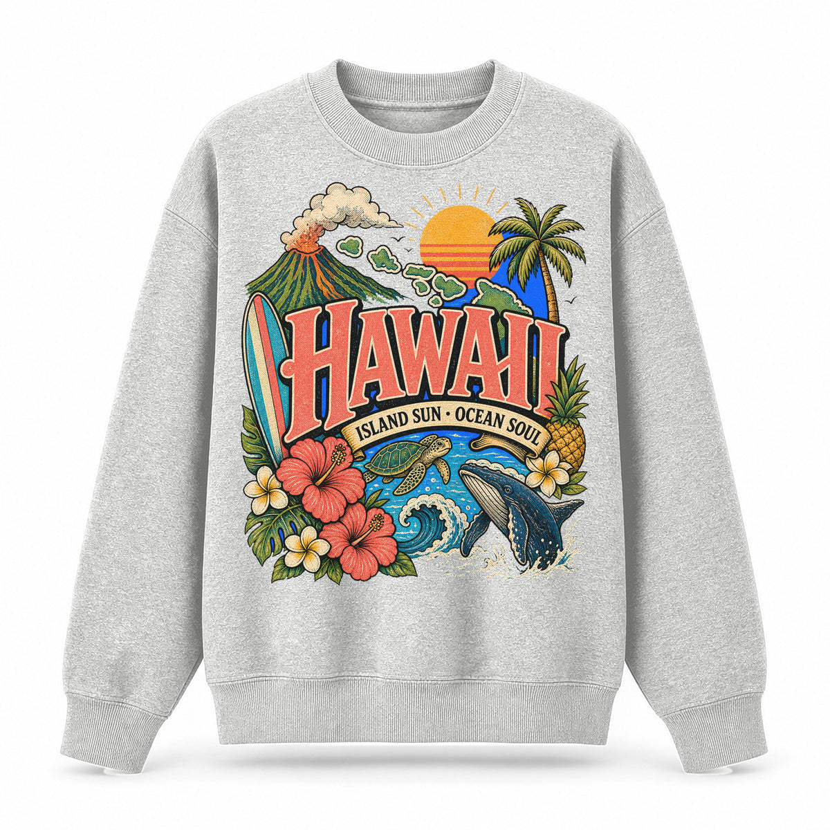 Colorful Hawaii State Collage Crewneck Sweatshirt in Light Gray, front view on a white background
