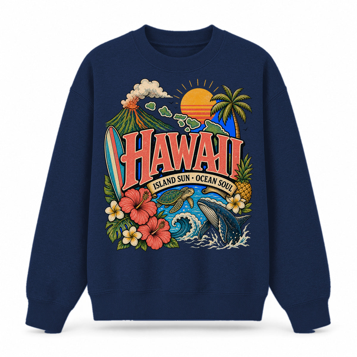 Colorful Hawaii State Collage Crewneck Sweatshirt in Navy, front view on a white background