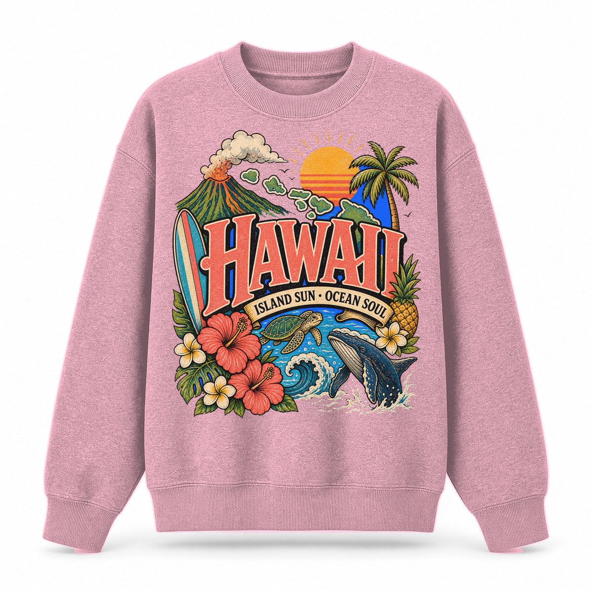 Colorful Hawaii State Collage Crewneck Sweatshirt in Pink, front view on a white background