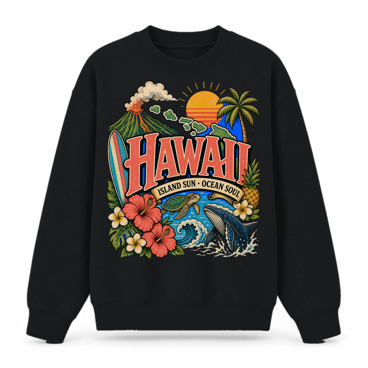 Colorful Hawaii State Collage Crewneck Sweatshirt in Black, front view on a white background