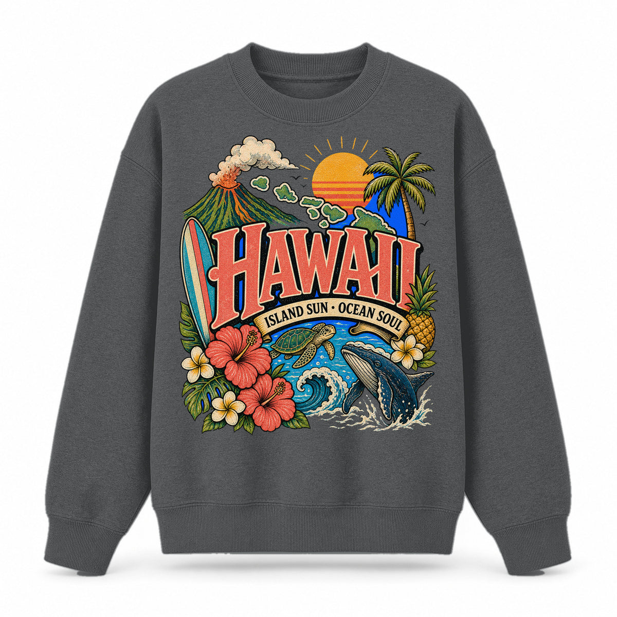 Colorful Hawaii State Collage Crewneck Sweatshirt in Dark Gray, front view on a white background