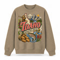 Colorful Idaho State Collage Crewneck Sweatshirt in Khaki, front view on a white background